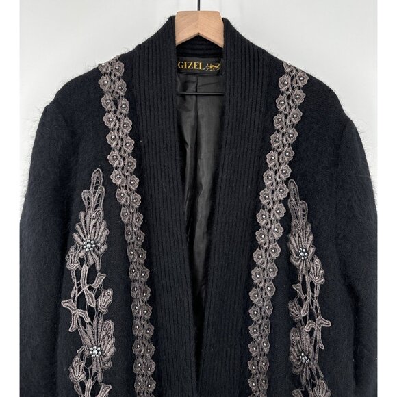 Gizel Angora Wool Open Front Cardigan Women OS Black Embroidered Beaded Longline - Picture 2 of 11